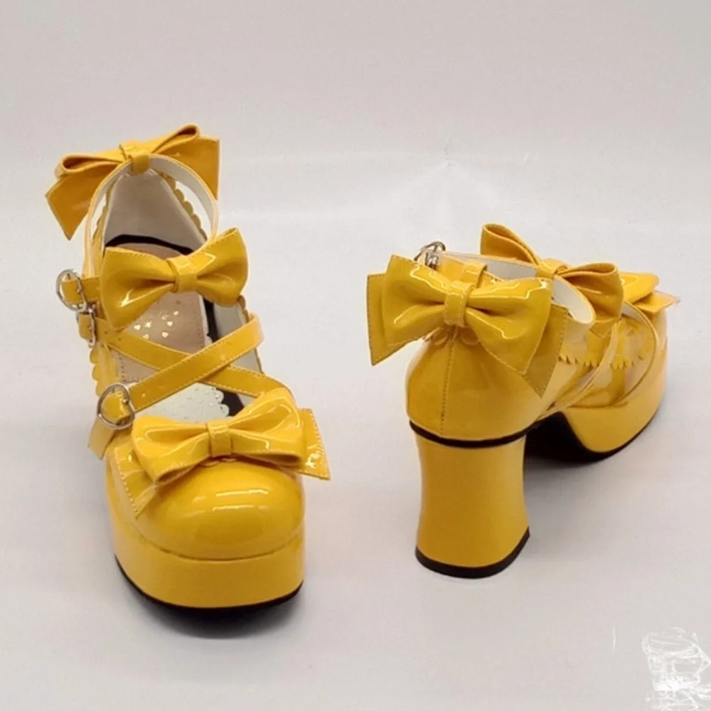 Antaina Yellow Coquette Lolita Bows Strappy Chunky HeelPlatform Shoe NWOT 7.5-8? - Picture 3 of 16